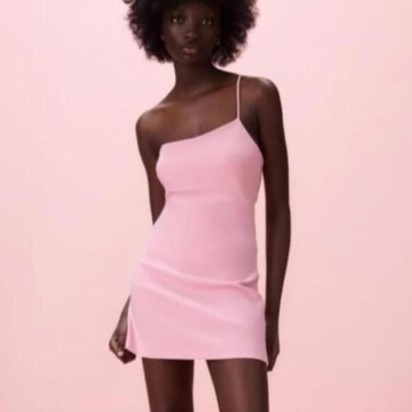 Zara Dresses & Skirts - Zara Blogger's Favorite pink asymmetric one-shoulder romper/mini dress Size L